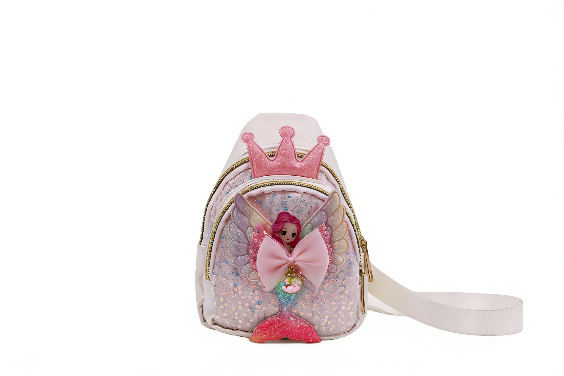 Kids Cute Mermaid Princess Sequin Chest Bag, Iridescent Wing Bow Princess Crossbody Sling Bag, Girls