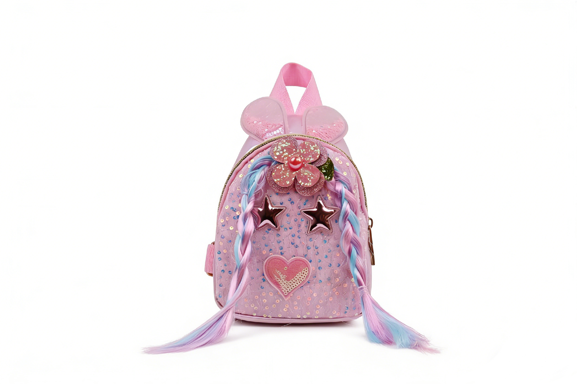 Kids Cute Braided Doll Sequin Chest Bag, Iridescent Bunny Ear Star Heart Princess Crossbody Sling Ba